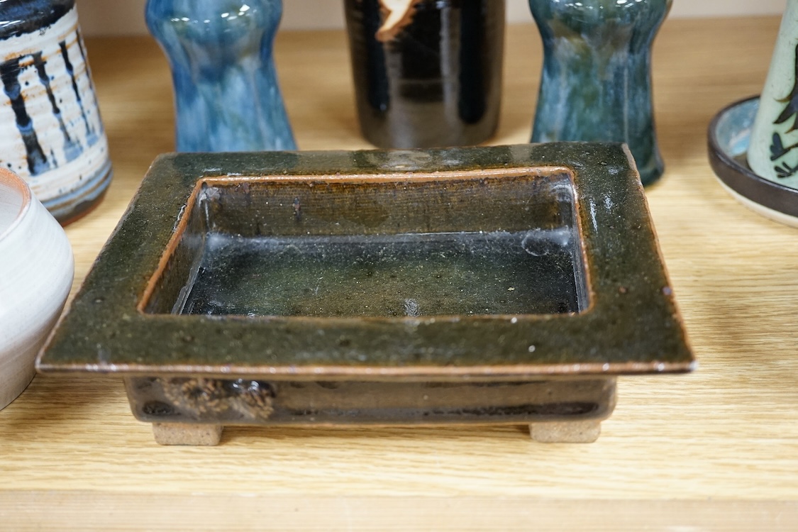 A collection of studio pottery to include a Celtic pottery Newlyn goblet, various jugs and bowls, largest 19cm high